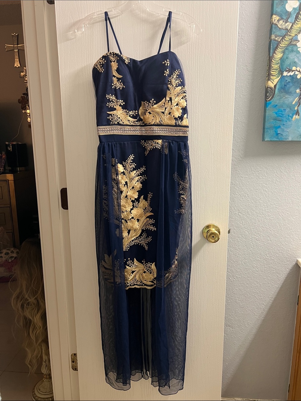 Navy Blue and Gold Embroidered Spaghetti-Strap Evening Dress
